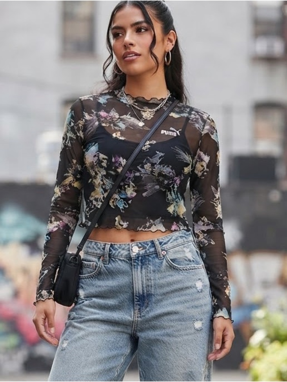 Puma Black Floral Sheer Mesh Crop Top Goth Indi Sleeze Skater Streetwear